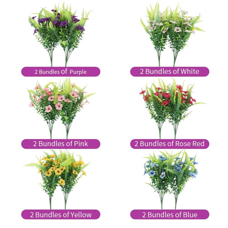 ZEOSTARO Artificial Outdoor Plants 12 Bundles Fake Boston Fern with Eucalyptus Flowers Faux UV Resistant Greenery Garden Window Box Porch Farmhouse Hanging Decor(Mix Flowers&Fern) - Image 4