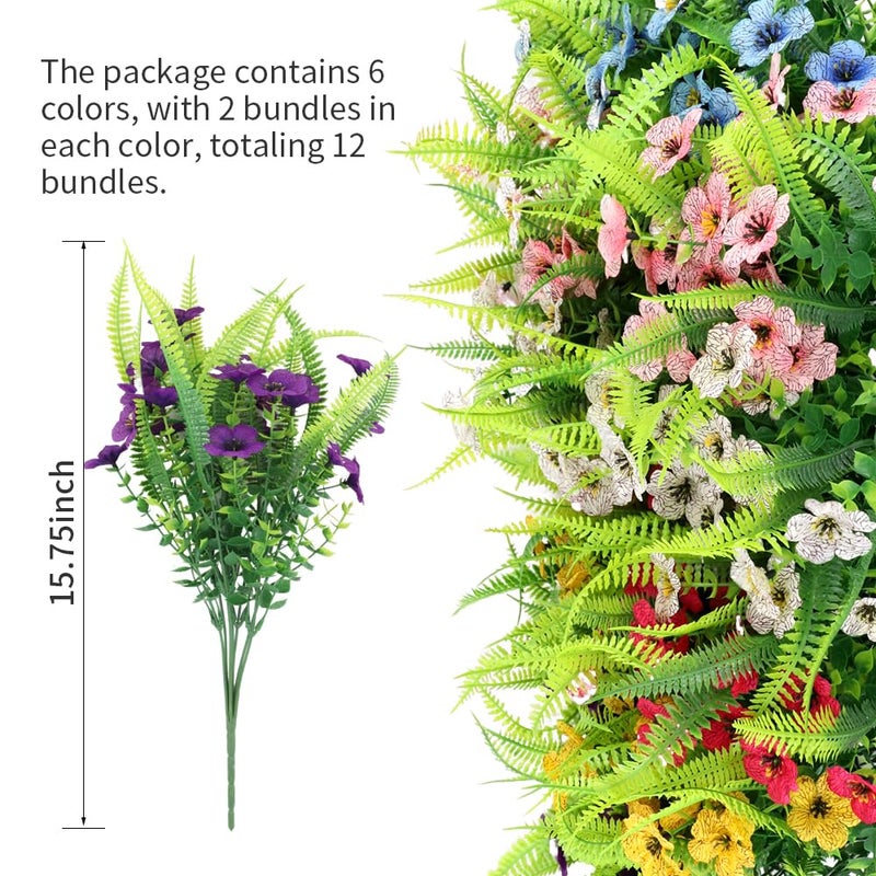 ZEOSTARO Artificial Outdoor Plants 12 Bundles Fake Boston Fern with Eucalyptus Flowers Faux UV Resistant Greenery Garden Window Box Porch Farmhouse Hanging Decor(Mix Flowers&Fern) - Image 3