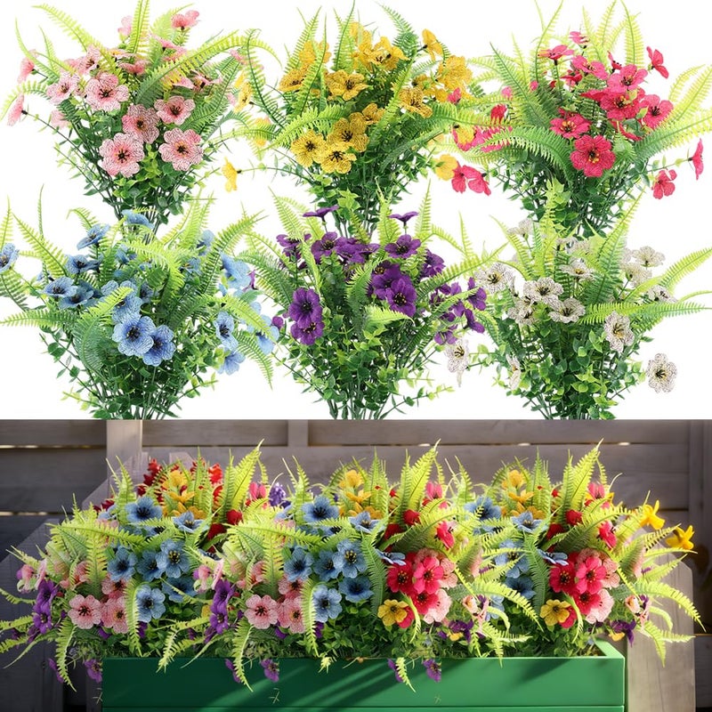 ZEOSTARO Artificial Outdoor Plants 12 Bundles Fake Boston Fern with Eucalyptus Flowers Faux UV Resistant Greenery Garden Window Box Porch Farmhouse Hanging Decor(Mix Flowers&Fern) - Image 1