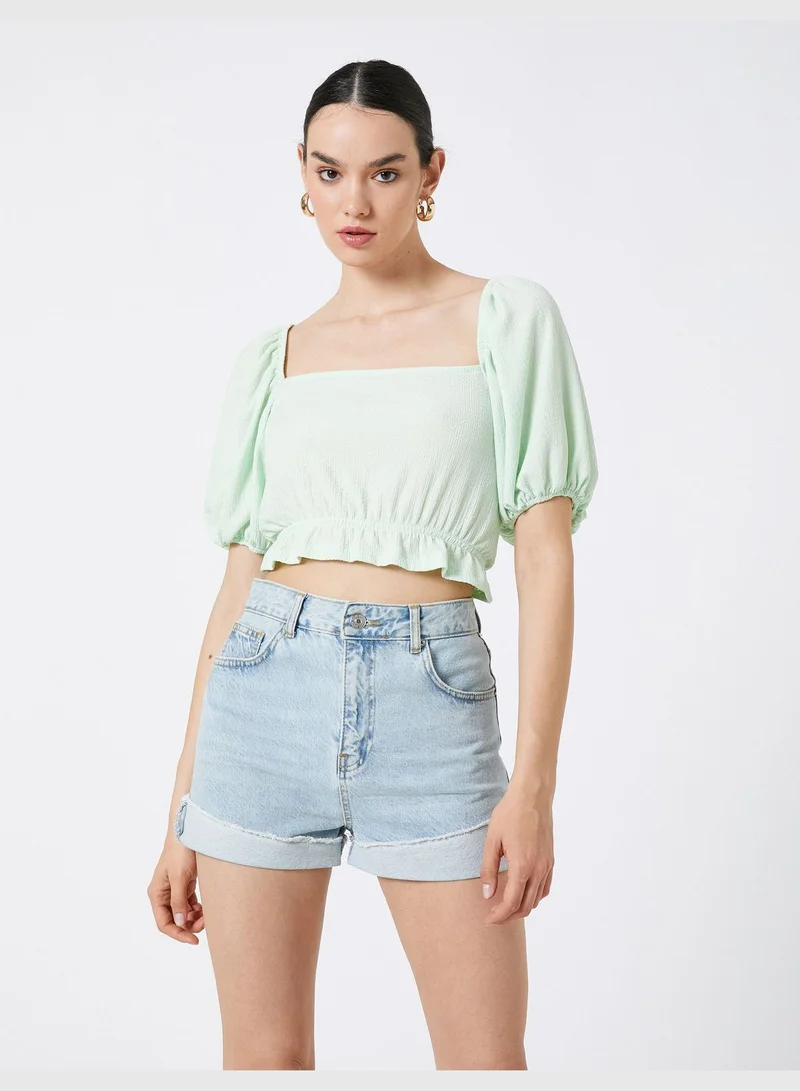 KOTON Frilled Square Neck Puff Sleeve Crop Blouse
