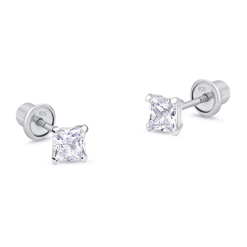 Lovearing 925 Sterling Silver Rhodium Plated 3mm Princess Cut Cubic Zirconia Stud Screwback Baby Girls Earrings - Image 1