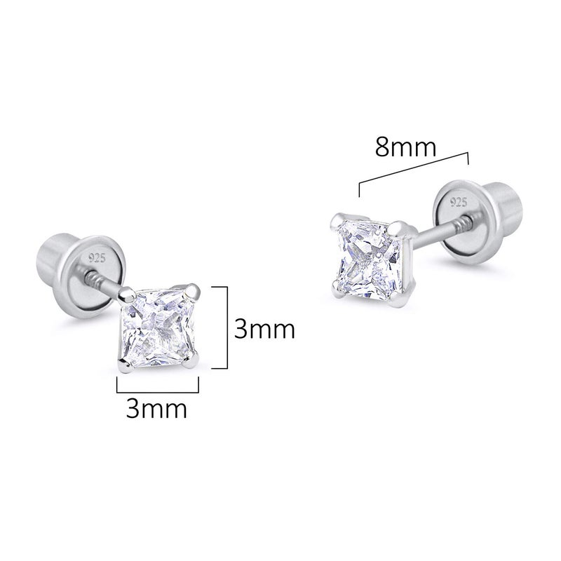 Lovearing 925 Sterling Silver Rhodium Plated 3mm Princess Cut Cubic Zirconia Stud Screwback Baby Girls Earrings - Image 2
