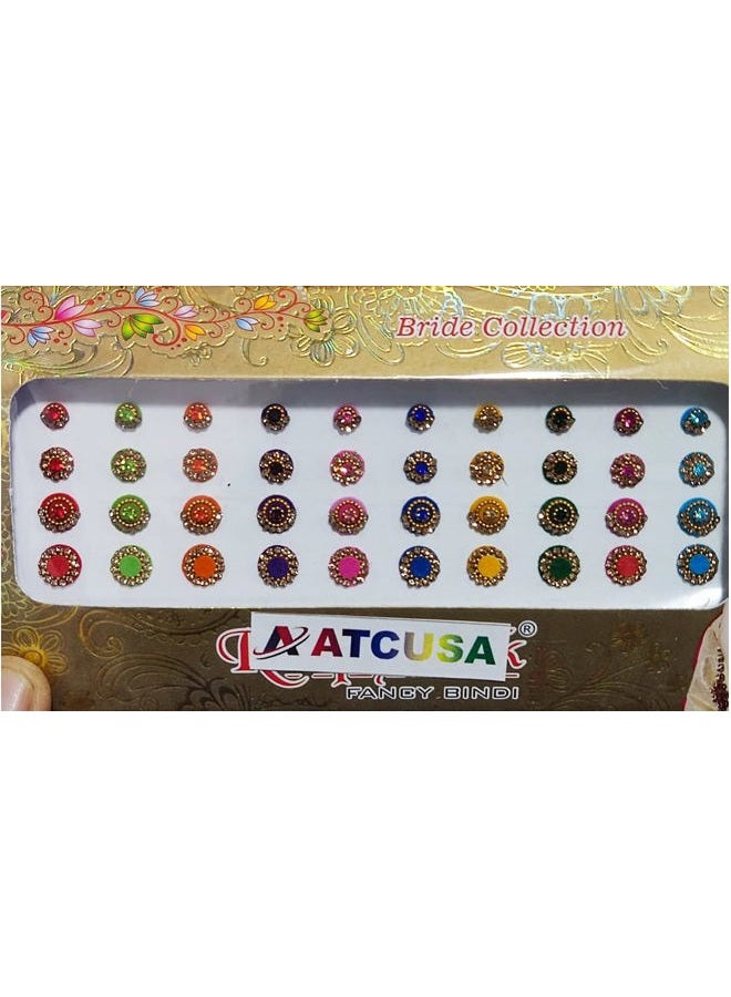 ATCUSA Multicolored Round Crystal Bindi Bridal face Jewels Forehead Tika Indian Bindis for women bindi Indian multicolor round long small gold (Round 40 Bindis - Multicolor) - Image 3