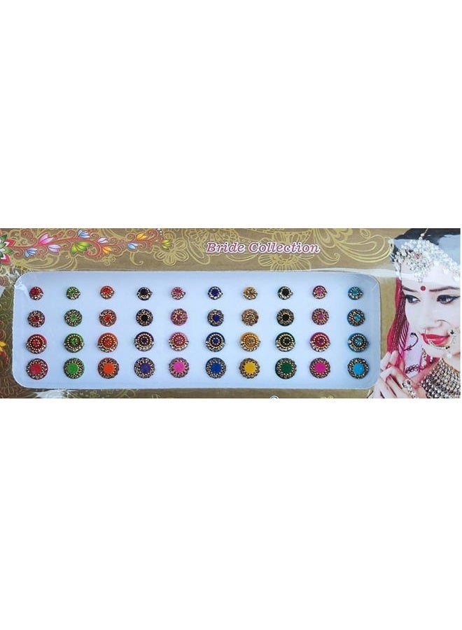 ATCUSA Multicolored Round Crystal Bindi Bridal face Jewels Forehead Tika Indian Bindis for women bindi Indian multicolor round long small gold (Round 40 Bindis - Multicolor) - Image 1