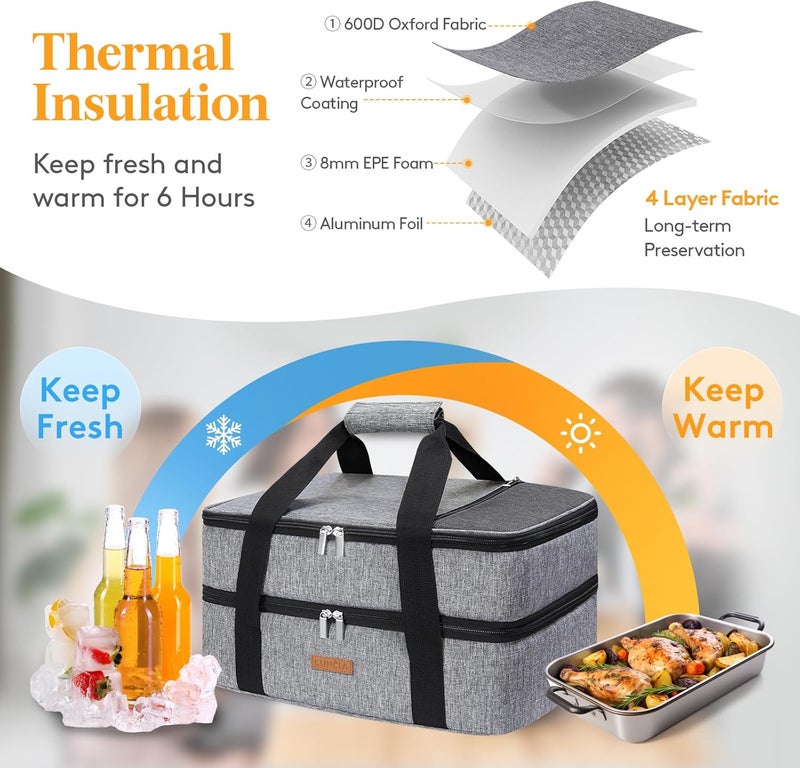 LUNCIA Insulated Double Decker Casserole Carrier, Lasagna Lugger Tote Keeps Food Hot or Cold, Thermal Lunch Bag for Potluck Parties, Picnic and Cookouts, Fits 9" x 13" Baking Dish, Grey - Image 3