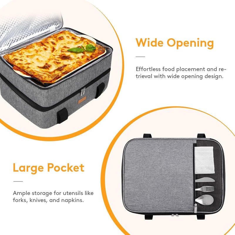 LUNCIA Insulated Double Decker Casserole Carrier, Lasagna Lugger Tote Keeps Food Hot or Cold, Thermal Lunch Bag for Potluck Parties, Picnic and Cookouts, Fits 9" x 13" Baking Dish, Grey - Image 5