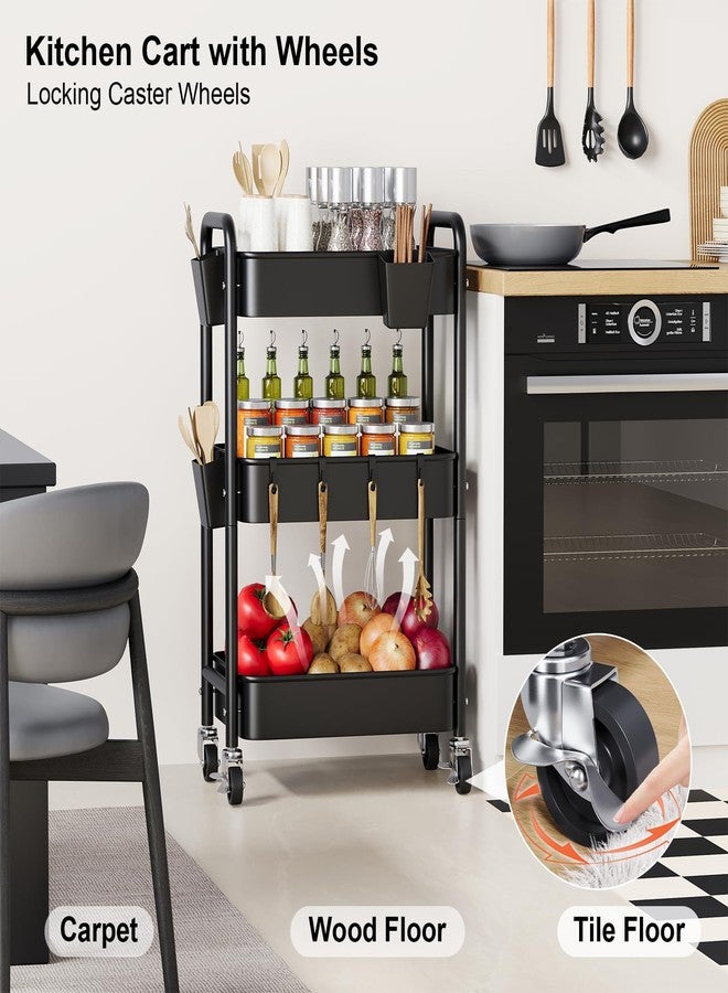 Aofure 3 Tier Rolling Cart on Wheels, Metal Utility Storage Cart with Wheels, Three Tiered Craft Carts Organizer with Hanging Cups, Hooks, Mesh Basket for Bedside, Kitchen, Bathroom, Office, Art, Snack,Black - Image 2