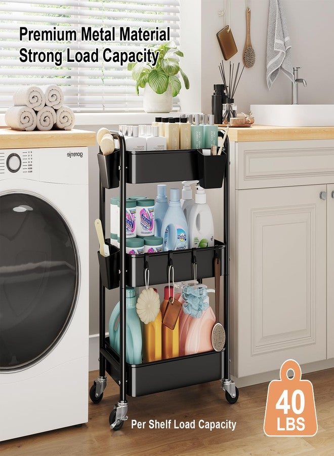 Aofure 3 Tier Rolling Cart on Wheels, Metal Utility Storage Cart with Wheels, Three Tiered Craft Carts Organizer with Hanging Cups, Hooks, Mesh Basket for Bedside, Kitchen, Bathroom, Office, Art, Snack,Black - Image 3