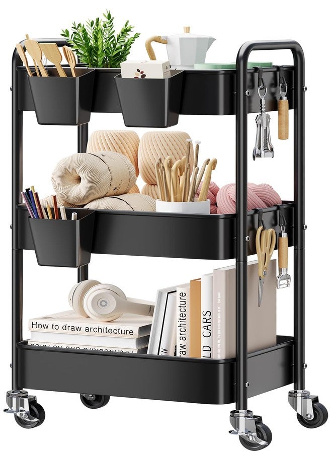 Aofure 3 Tier Rolling Cart on Wheels, Metal Utility Storage Cart with Wheels, Three Tiered Craft Carts Organizer with Hanging Cups, Hooks, Mesh Basket for Bedside, Kitchen, Bathroom, Office, Art, Snack,Black - Image 1