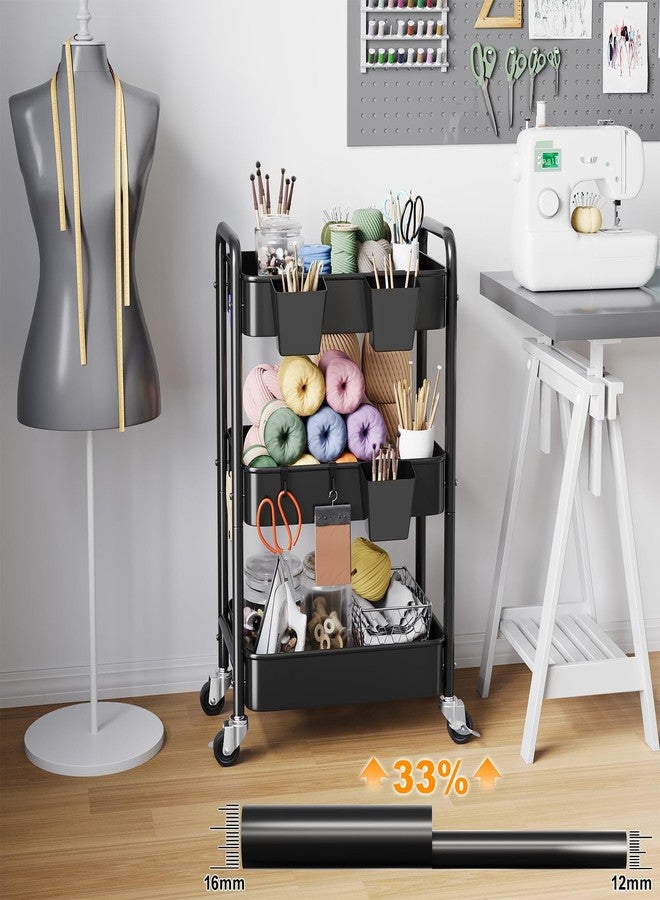Aofure 3 Tier Rolling Cart on Wheels, Metal Utility Storage Cart with Wheels, Three Tiered Craft Carts Organizer with Hanging Cups, Hooks, Mesh Basket for Bedside, Kitchen, Bathroom, Office, Art, Snack,Black - Image 5