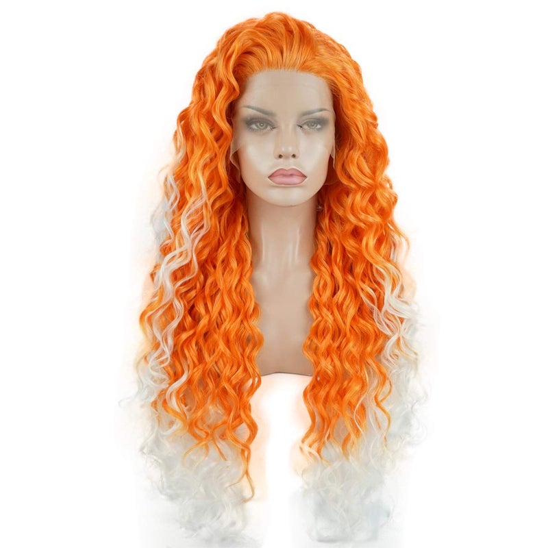 Lushy Long 26inch Curly Orange Root White Ombre Wig Heavy Density Heat Resistant Synthetic Lace Front Wig