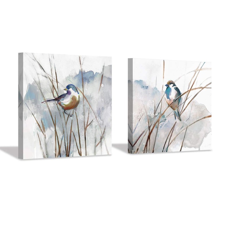 Abstract Bird Picture Wall Art Animal Birds on Reed Artwork Painting on Canvas for Living Room 16 x 16 x 2 Panels