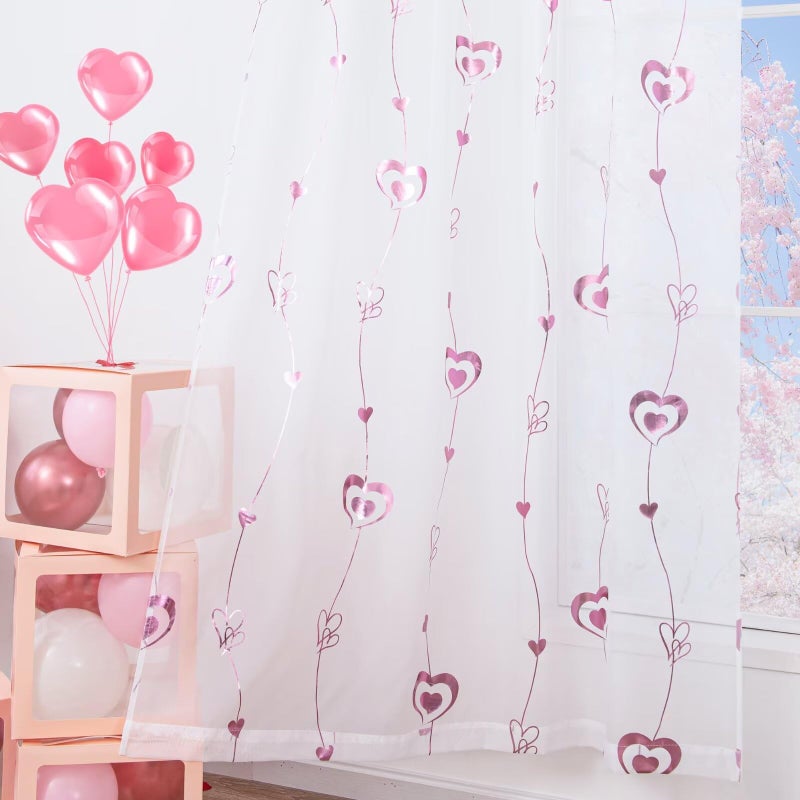 youleyar Valentine's Day Sheer Curtains, Love Heart Pink Foil Print Voile Sheer Curtains 2 Panels, Rod Pocket Window Treatment for Bedroom and Home Decor (White,52 W x 63 L) - Image 4