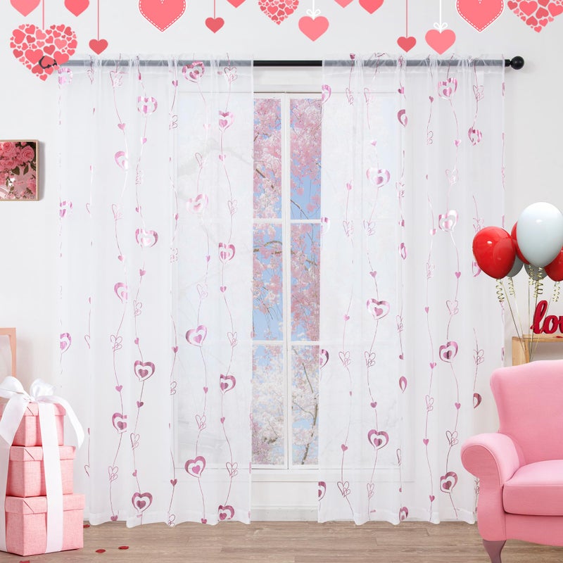 youleyar Valentine's Day Sheer Curtains, Love Heart Pink Foil Print Voile Sheer Curtains 2 Panels, Rod Pocket Window Treatment for Bedroom and Home Decor (White,52 W x 63 L) - Image 1