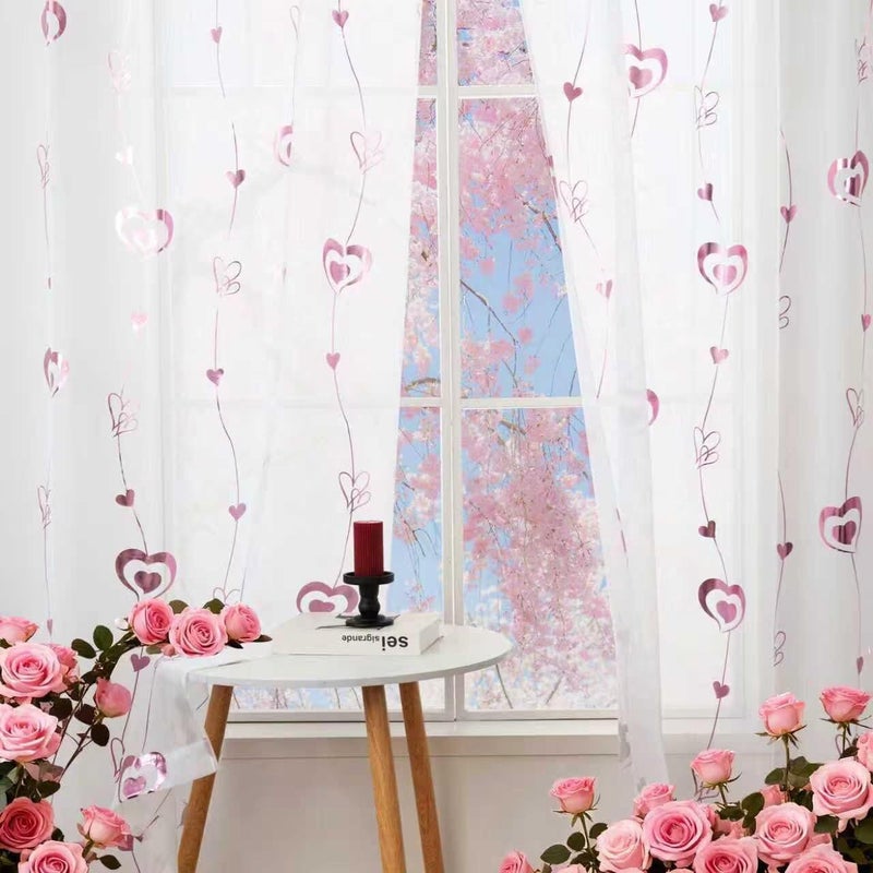youleyar Valentine's Day Sheer Curtains, Love Heart Pink Foil Print Voile Sheer Curtains 2 Panels, Rod Pocket Window Treatment for Bedroom and Home Decor (White,52 W x 63 L) - Image 2