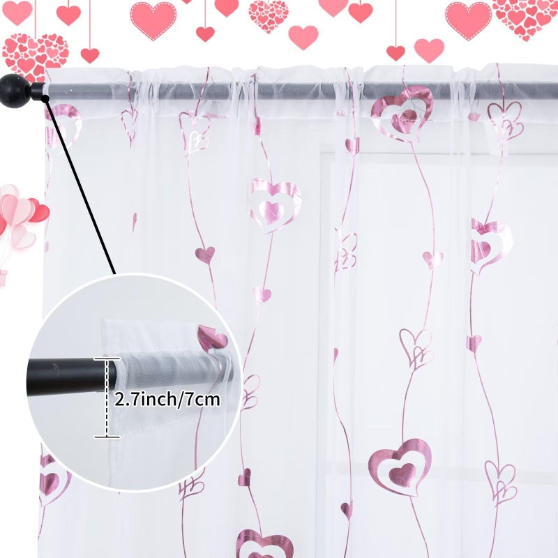 youleyar Valentine's Day Sheer Curtains, Love Heart Pink Foil Print Voile Sheer Curtains 2 Panels, Rod Pocket Window Treatment for Bedroom and Home Decor (White,52 W x 63 L) - Image 3