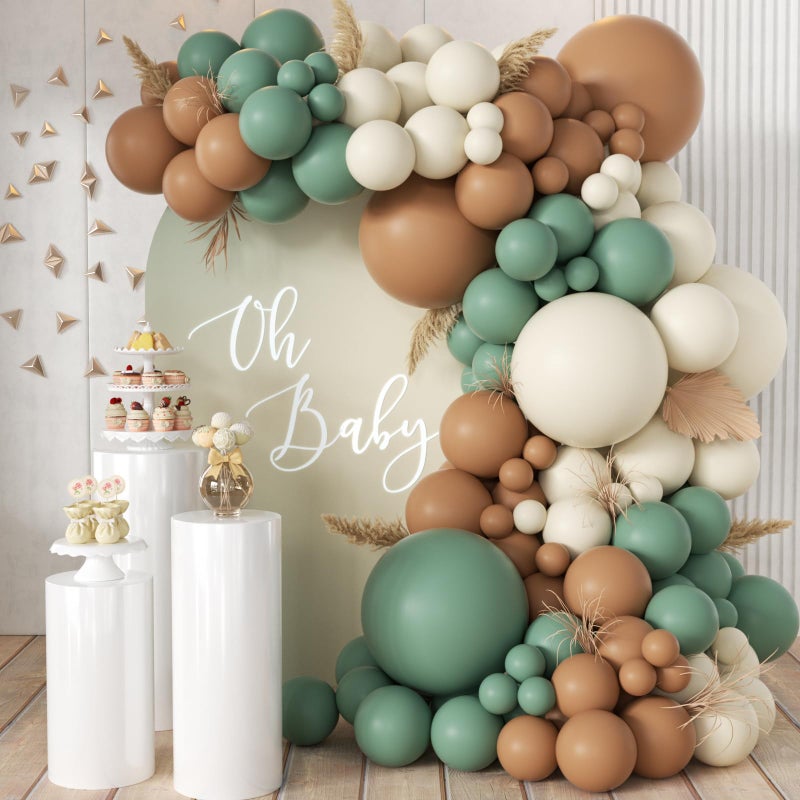 MEBAY Sage Green Brown White Garland Arch Kit 155Pcs Latex Balloons Different Sizes 18 12 10 5 inch for Safari Jungle Woodland Birthday Baby Shower Decorations - Image 3