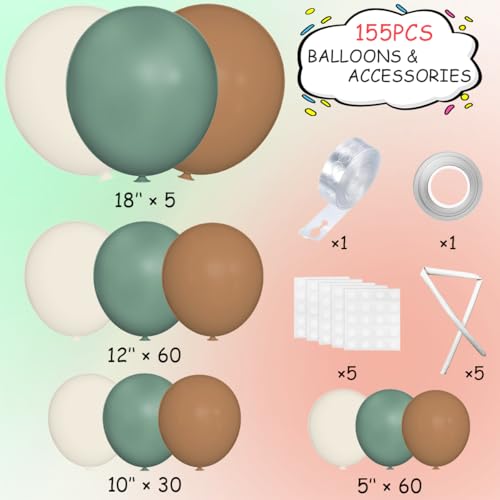 MEBAY Sage Green Brown White Garland Arch Kit 155Pcs Latex Balloons Different Sizes 18 12 10 5 inch for Safari Jungle Woodland Birthday Baby Shower Decorations - Image 5