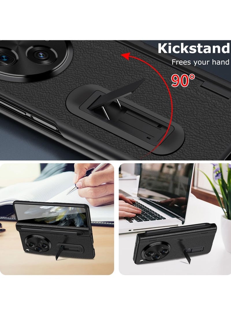 for OnePlus Open 2023 with Stylus and Pen Holder, Luxury PU Leather One Plus Cover, with Hinge Protection, Built in Screen Protector, Kickstand, All Inclusive Design, Black