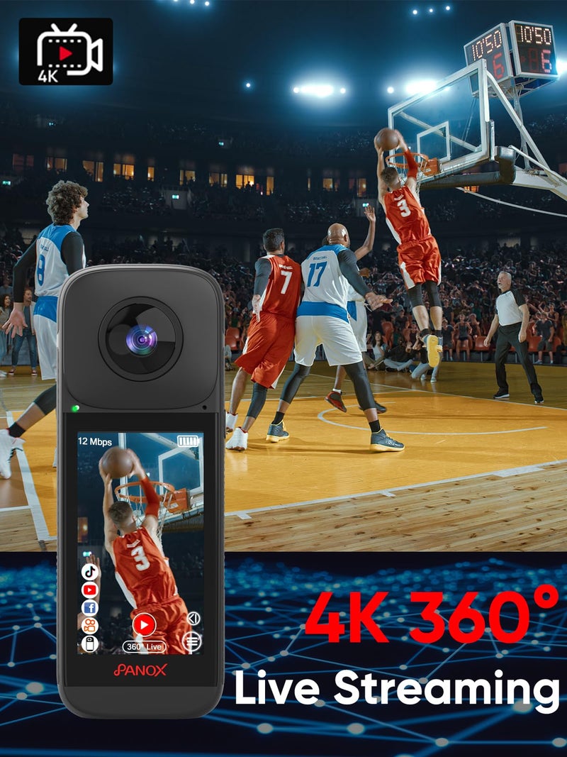 PANOX V2 360 Action Camera-128 GB Vlog Kit with Selfie Stick- 8K 10FPS HDR Video, 1/2"" 48MP Sensors, 72MP 360° Photo, 3"" Touchscreen, AI Editing, 4K Live Stream, Android 10 OS, Black - Image 4