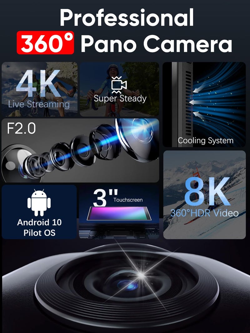 PANOX V2 360 Action Camera-128 GB Vlog Kit with Selfie Stick- 8K 10FPS HDR Video, 1/2"" 48MP Sensors, 72MP 360° Photo, 3"" Touchscreen, AI Editing, 4K Live Stream, Android 10 OS, Black - Image 2