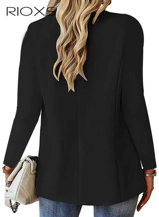 RIOXS Womens Blazers, Business Casual Blazers for Ladies, Long Sleeve Notch Lapel Trendy Work Office Blazer Jackets Outerwear with Pockets, Spring Fall Suit for Commuting Meeting Daily Wearing, Black - Image 2