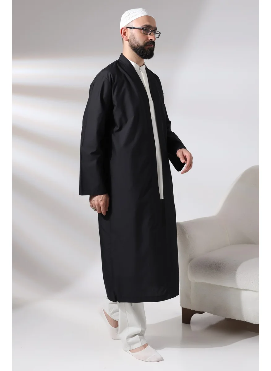 İhvan Online Ihvan Online Black Men's Prayer Dress V Neck Buttonless Open Front Prayer Robe