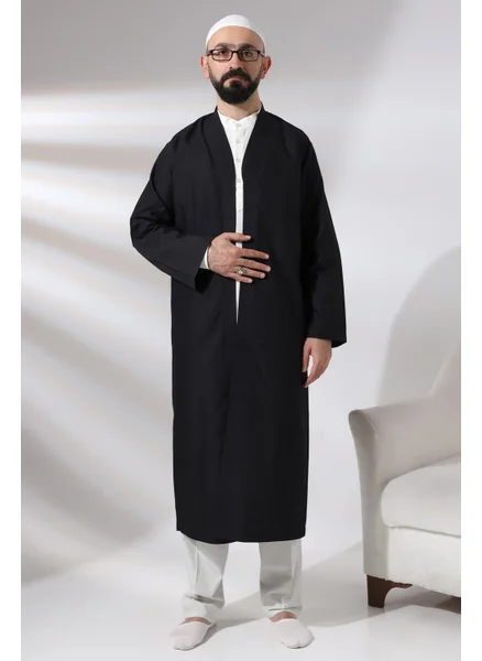 İhvan Online Ihvan Online Black Men's Prayer Dress V Neck Buttonless Open Front Prayer Robe