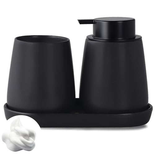 Eyrozia Matte Black Bathroom Accessory Set - 3pcs Ceramic Soap Dispenser Set Vanity Countertop Accessories Set, Includes Refillable Foaming Hand Soap Dispenser, Toothbrush Holder and Tray (Foam Pump) - Image 1