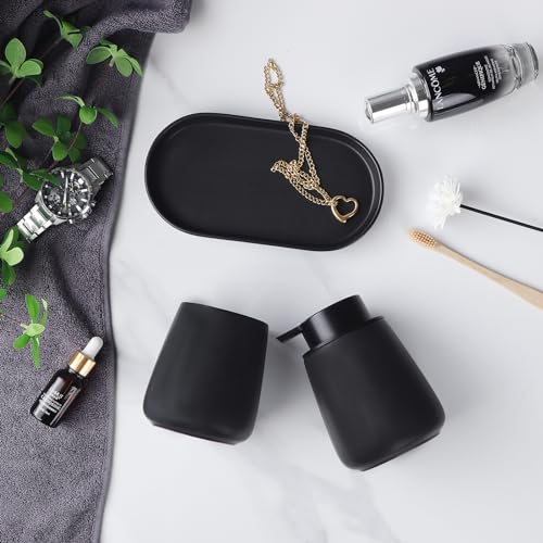 Eyrozia Matte Black Bathroom Accessory Set - 3pcs Ceramic Soap Dispenser Set Vanity Countertop Accessories Set, Includes Refillable Foaming Hand Soap Dispenser, Toothbrush Holder and Tray (Foam Pump) - Image 5