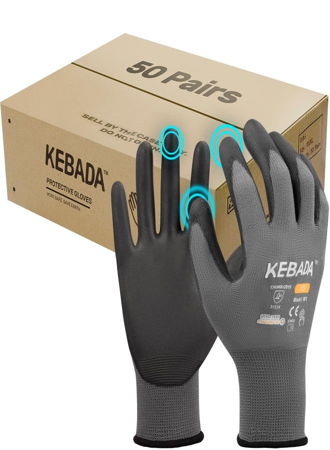Kebada W1 Work Gloves for Women and Men, Touchscreen PU Coated Gloves with Grip, 50 Pairs Bulk Pack, Ideal for Handling Warehouse Packages, Construction, Gardening, Grey Large - Image 1