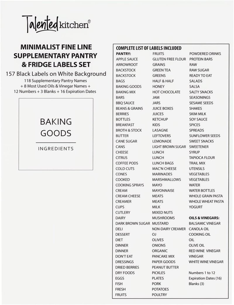 Talented Kitchen 157 Pantry Organization Labels for Food Storage Containers, Preprinted Black All Caps on Matte White Vinyl Stickers + Numbers for Minimalist Kitchen (Water Resistant) - Image 5
