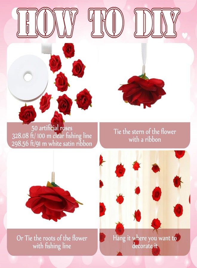 Glitinsel 50 Set Artificial Rose Hanging Flower Decorations DIY Floating Flower Garland Hanging Flowers from Ceiling Dangling Rose Strings for Wedding Baby Shower Birthday Floral Party Decor (Red) - Image 4