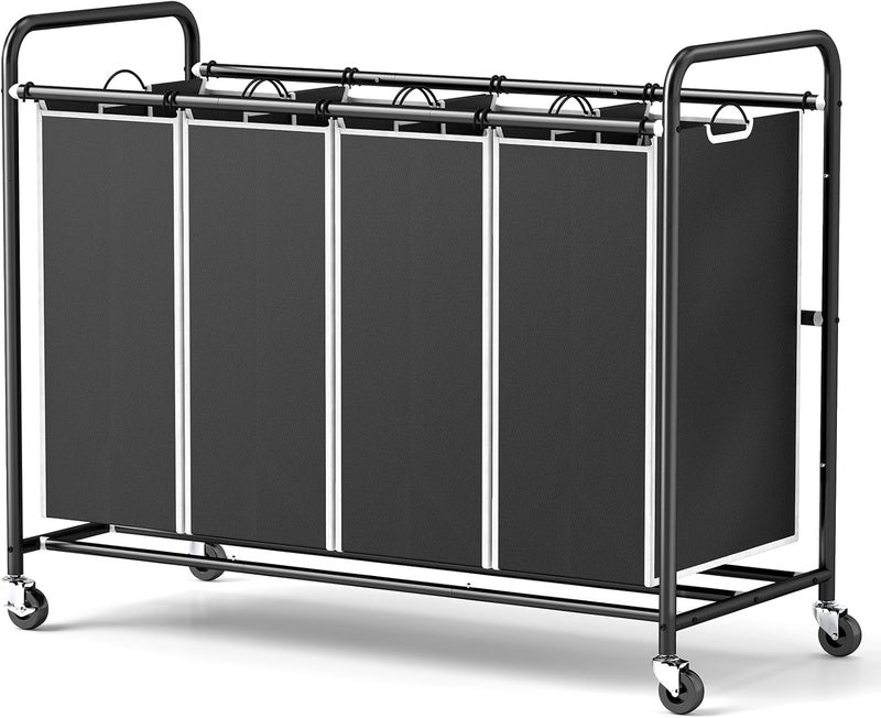 ROMOON 4 Section Heavy Duty Laundry Sorter Separated Laundry Hamper Cart with Wheels and Removable Bags Rolling Laundry Basket Organizer for Dirty Clothes Storage in Laundry Room Organization Black
