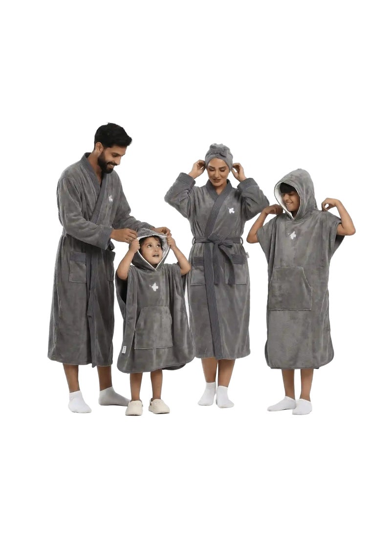 Relef Premium Family Bathrobe Set of 4 Pieces – 2 Unisex Bathrobes 3XL/3XL + 2 Kids Cappa (3-5, 5-8 Years) Highly Absorbent Comfortable - Dark Grey - Image 1