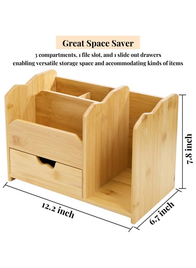 ZAVOOS Bamboo Desk Organizer, Multi-Use Tabletop Storage File Holder with Drawer, 5 Compartments Countertop Organization Desk Accessories for Home Office Supplies, No Assembly Required - Image 2