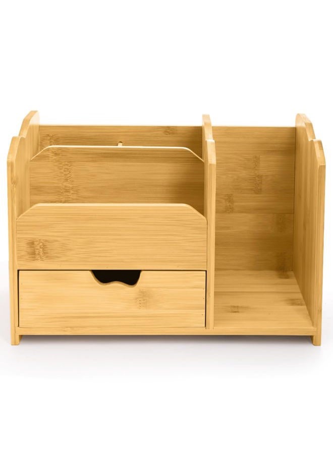 ZAVOOS Bamboo Desk Organizer, Multi-Use Tabletop Storage File Holder with Drawer, 5 Compartments Countertop Organization Desk Accessories for Home Office Supplies, No Assembly Required - Image 4