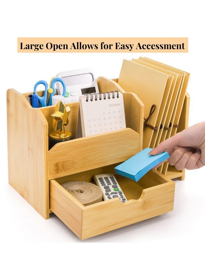 ZAVOOS Bamboo Desk Organizer, Multi-Use Tabletop Storage File Holder with Drawer, 5 Compartments Countertop Organization Desk Accessories for Home Office Supplies, No Assembly Required - Image 3