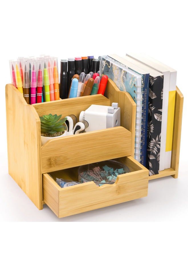 ZAVOOS Bamboo Desk Organizer, Multi-Use Tabletop Storage File Holder with Drawer, 5 Compartments Countertop Organization Desk Accessories for Home Office Supplies, No Assembly Required - Image 1