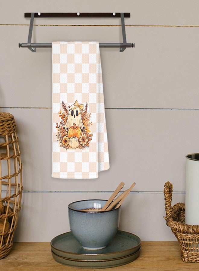 JINYO Ghost Pumpkins Floral Kitchen Towels, Orange and White Checkered Hand Towels for Bathroom Kitchen Fall Decor, Halloween Decorative Dish Tea Towels, 16x24 Inch - Image 4