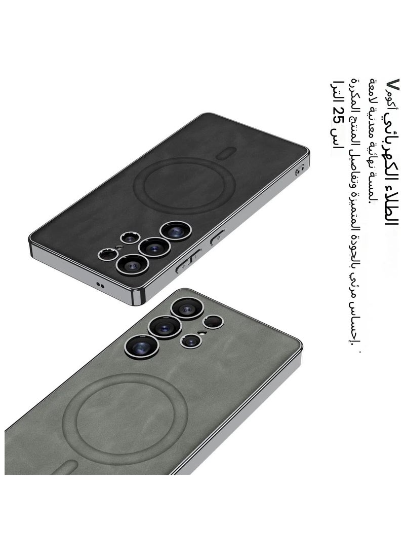 general Magnetic Case Compatible with Samsung Galaxy S25 Ultra Case, Electroplating Vegan Leather Frosted Phone Case Soft Edge Protective Cover Support Wireless Charging - Image 2