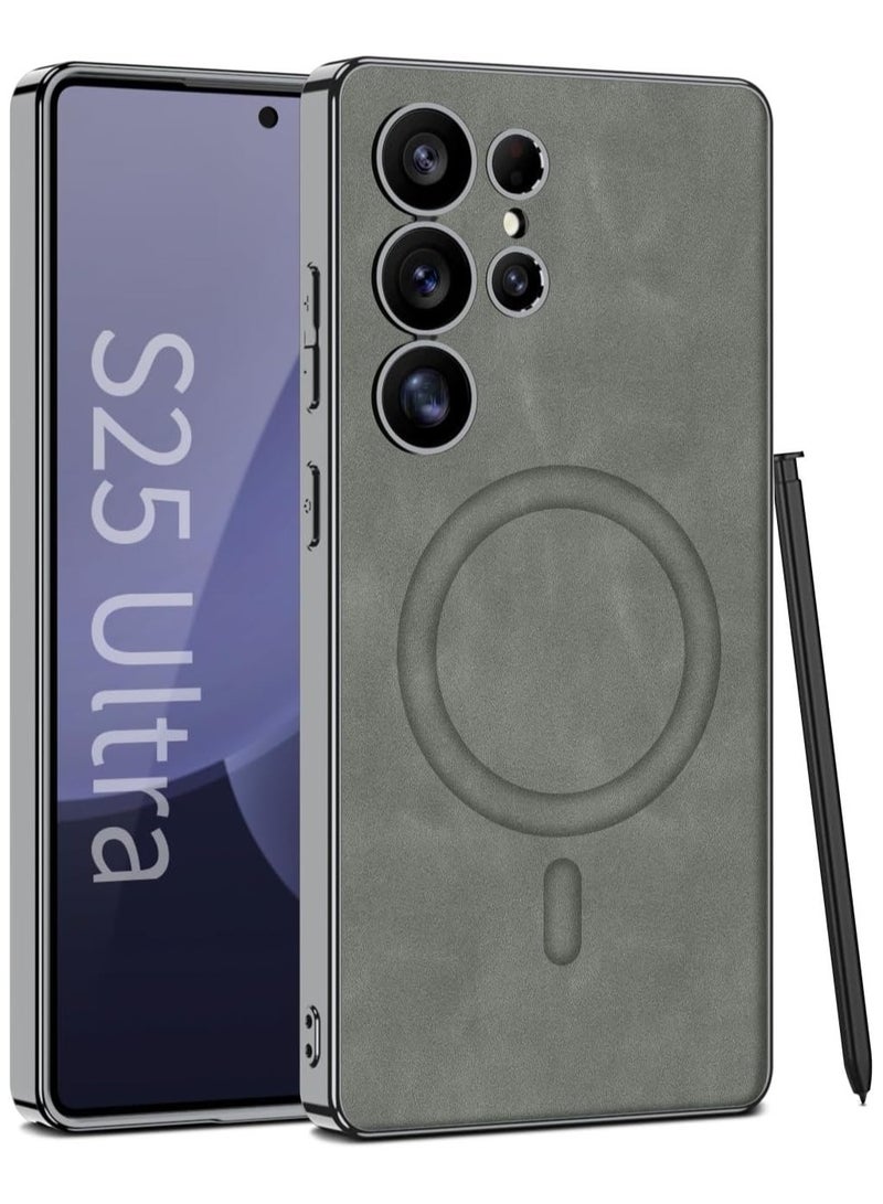general Magnetic Case Compatible with Samsung Galaxy S25 Ultra Case, Electroplating Vegan Leather Frosted Phone Case Soft Edge Protective Cover Support Wireless Charging - Image 1