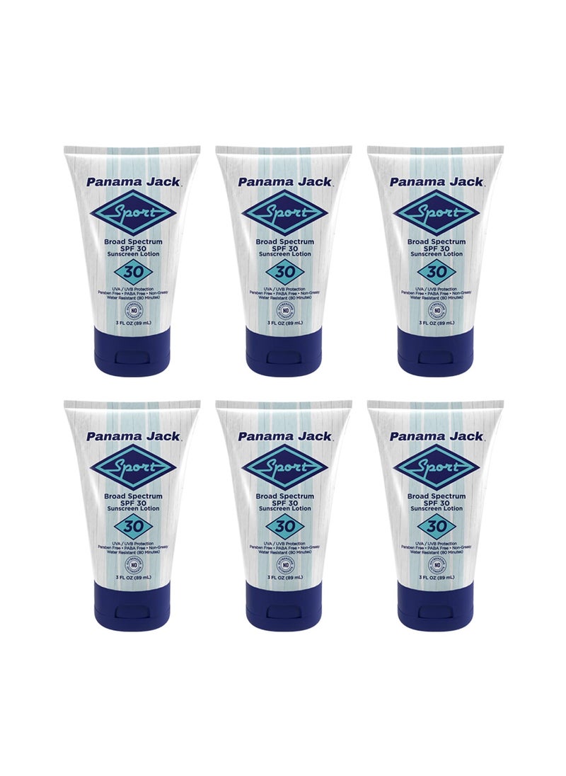 panama jack - Panama Jack Sport Sunscreen Lotion  SPF 30 Broad Spectrum UVAUVB Protection NonGreasy PABA Paraben Gluten  Cruelty Free 3 FL OZ Pack of 6 - Image 1