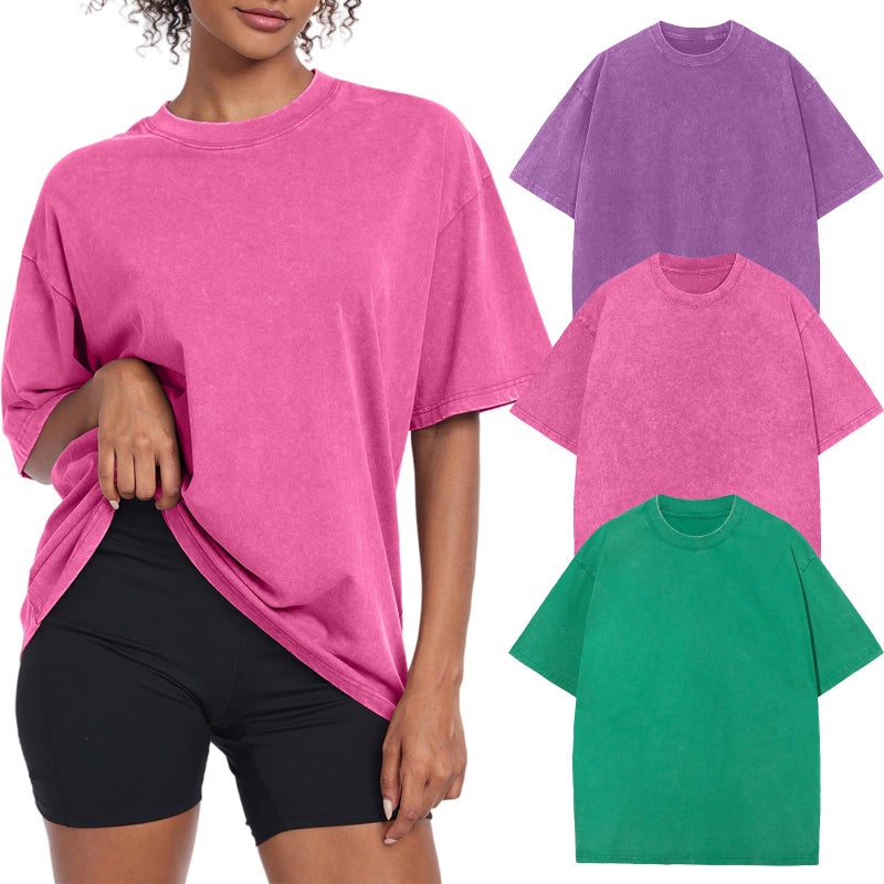 KEEPSHOWING Womens Vintage Oversized T Shirts Acid Washed Baggy Cotton Tee Casual Workout Boyfriend Short Sleeve Tops(Pink/Green/Purple M) - Image 1