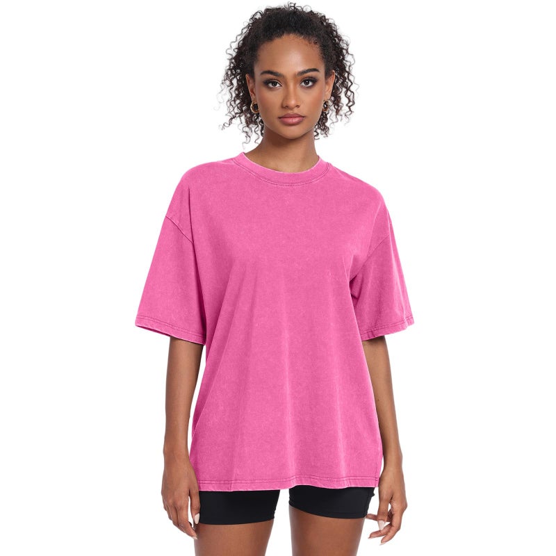 KEEPSHOWING Womens Vintage Oversized T Shirts Acid Washed Baggy Cotton Tee Casual Workout Boyfriend Short Sleeve Tops(Pink/Green/Purple M) - Image 2
