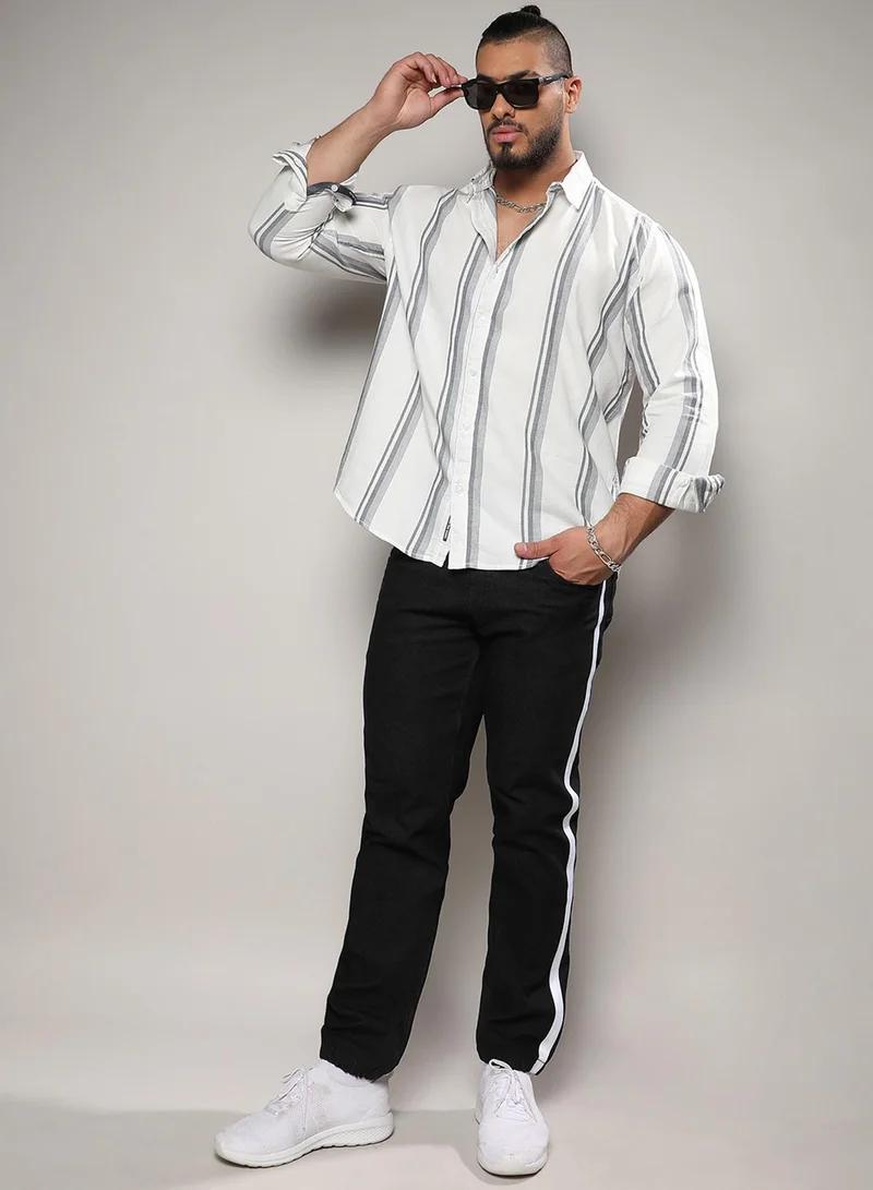 Instafab Plus Instafab Plus Men's White & Dark Grey Barcode Striped Shirt For Casual Wear | Spread Collar | Long Sleeve | Button Closure | Cotton Shirt Crafted With Comfort Fit For Everyday Wear
