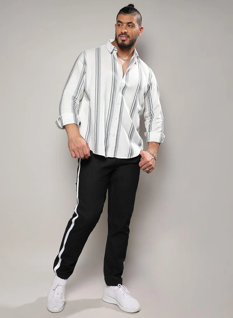 Instafab Plus Instafab Plus Men's White & Dark Grey Barcode Striped Shirt For Casual Wear | Spread Collar | Long Sleeve | Button Closure | Cotton Shirt Crafted With Comfort Fit For Everyday Wear