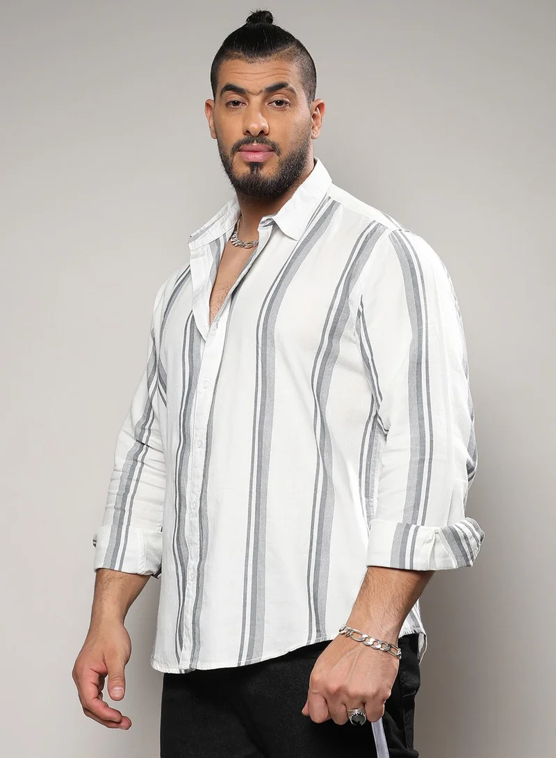 Instafab Plus Instafab Plus Men's White & Dark Grey Barcode Striped Shirt For Casual Wear | Spread Collar | Long Sleeve | Button Closure | Cotton Shirt Crafted With Comfort Fit For Everyday Wear