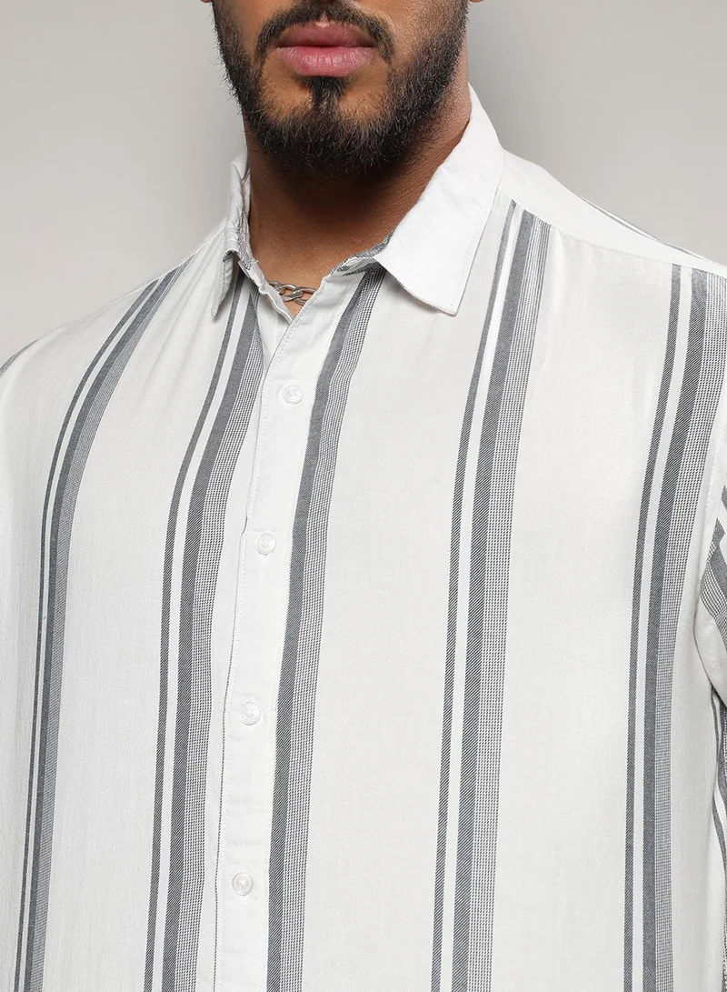 Instafab Plus Instafab Plus Men's White & Dark Grey Barcode Striped Shirt For Casual Wear | Spread Collar | Long Sleeve | Button Closure | Cotton Shirt Crafted With Comfort Fit For Everyday Wear