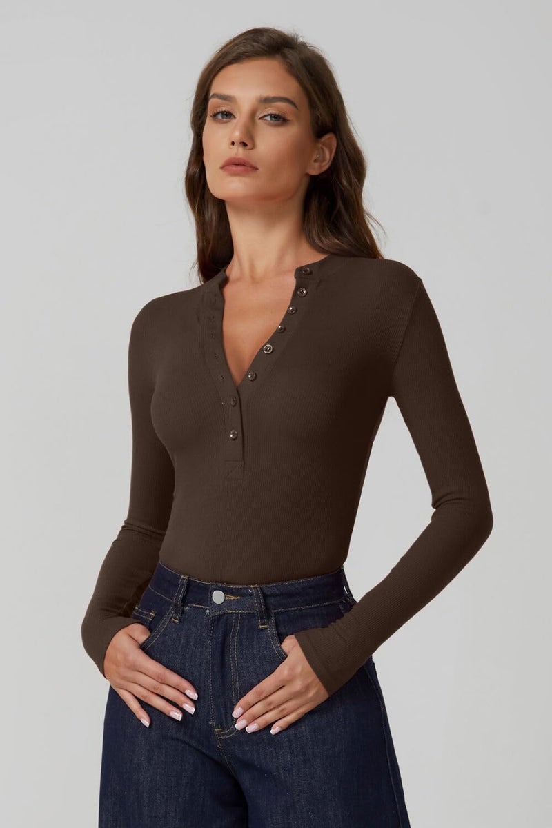 QINSEN Long Sleeve Shirts for Women Henley Button Down Tops Ribbed Knit Slim Fit Fall Basic Tee Brown L - Image 2